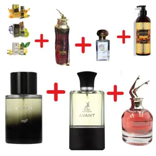 My Perfumes Dark Scudo + Fragrance World Belle Celine Scandant So Nice! + Otoori Jameela + Lustrous Collection Fabulous + 3 μίνι αρωματικά έλαια + Fragrance World Almond Oil Conditioner + Maison Alhambra Avant